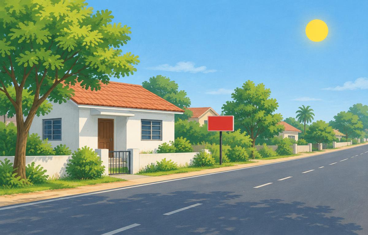 Illustrated street with a house, road, red sign and sun